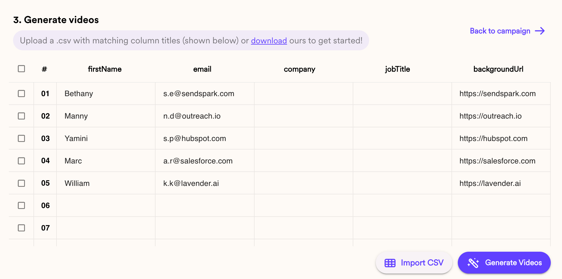 Generate dynamic video interface with prospect name and URL input fields