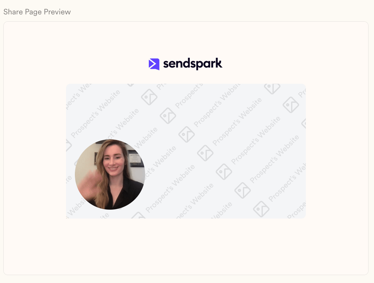 Share page preview section displaying uploaded video with customization options