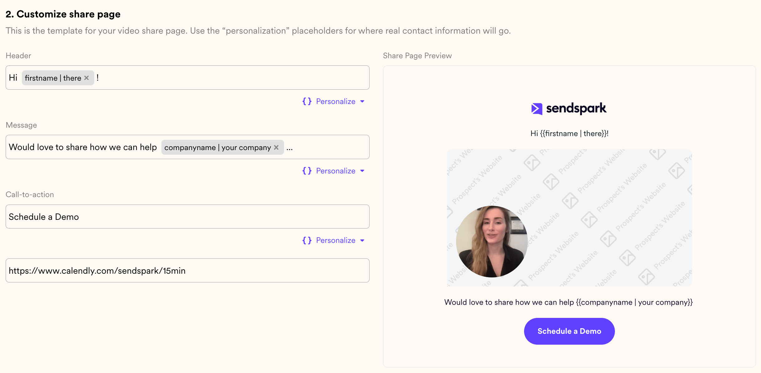 Customize video share page panel with header message and call-to-action fields