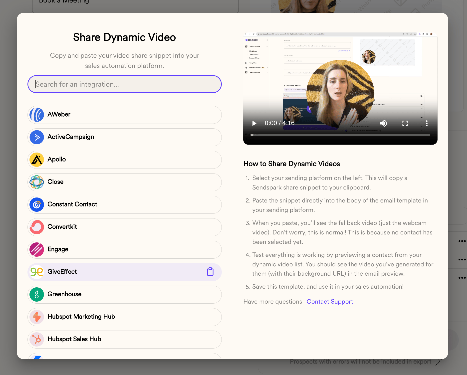 Email platform integration selection menu including Gmail Outlook and Hubspot
