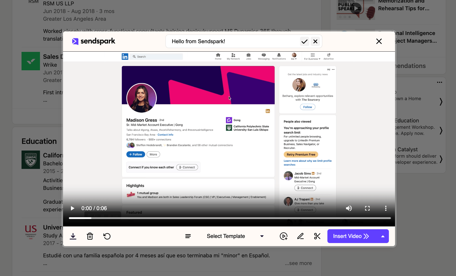 Sendspark video preview editor with trim and template shortcuts