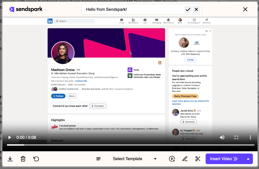 Sendspark video preview modal displaying recorded video above Close interface