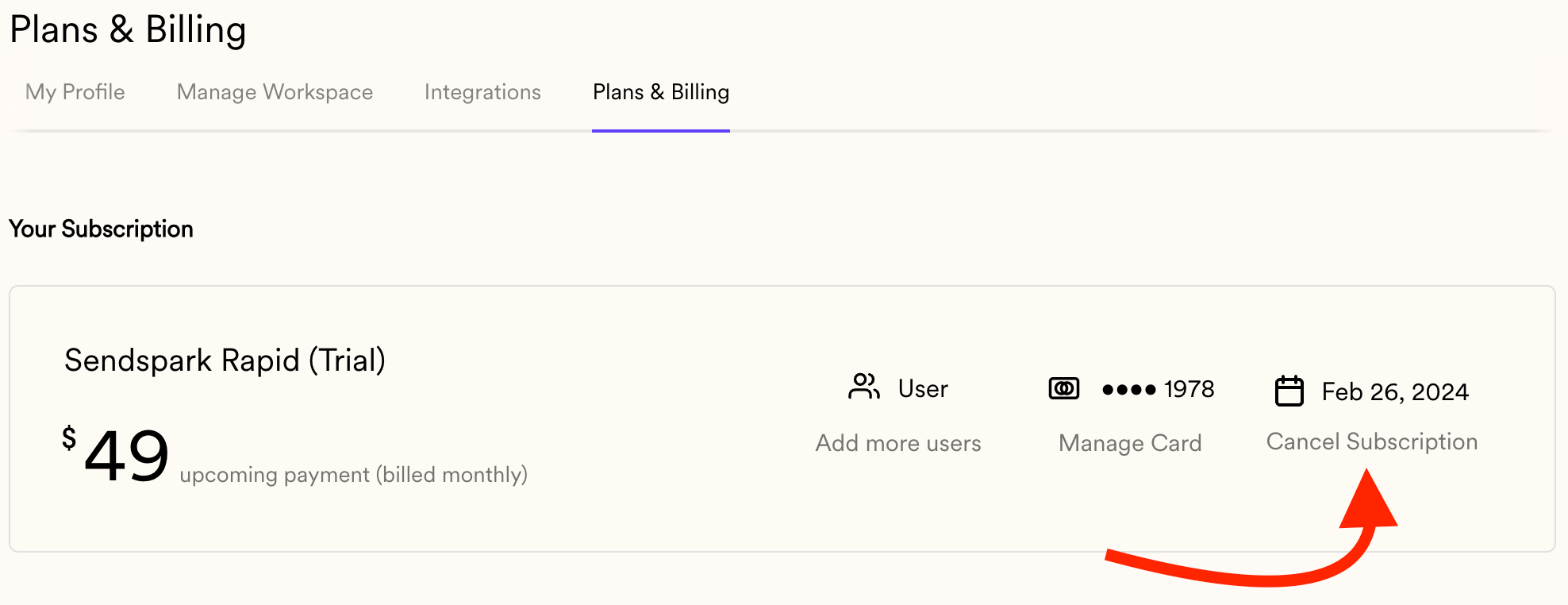 Plans & Billing page with red arrow pointing to Cancel Subscription