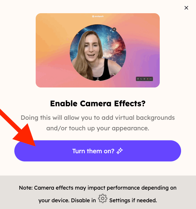 Enable Camera Effects prompt with arrow pointing to Turn them on button