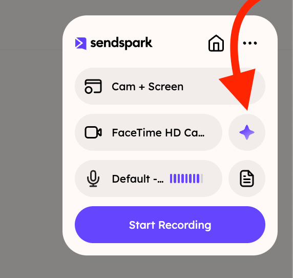 Sendspark recorder popup with arrow pointing to the Effects sparkle icon