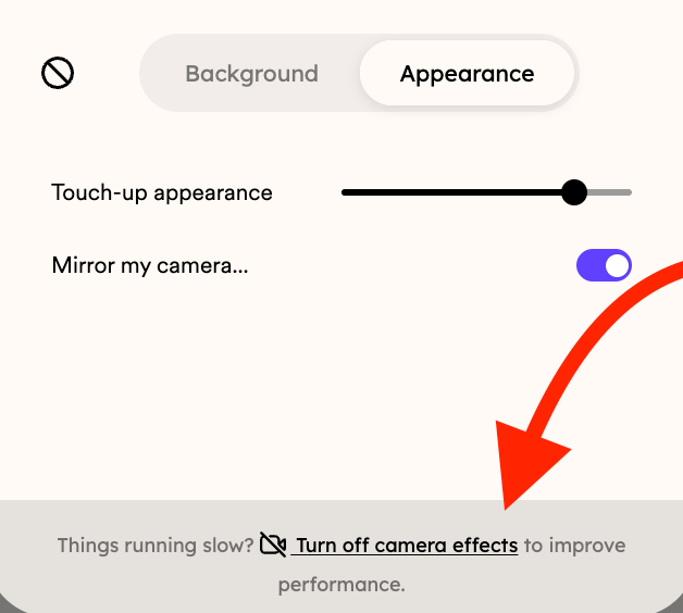 Appearance tab with Touch-up slider and Turn off camera effects link