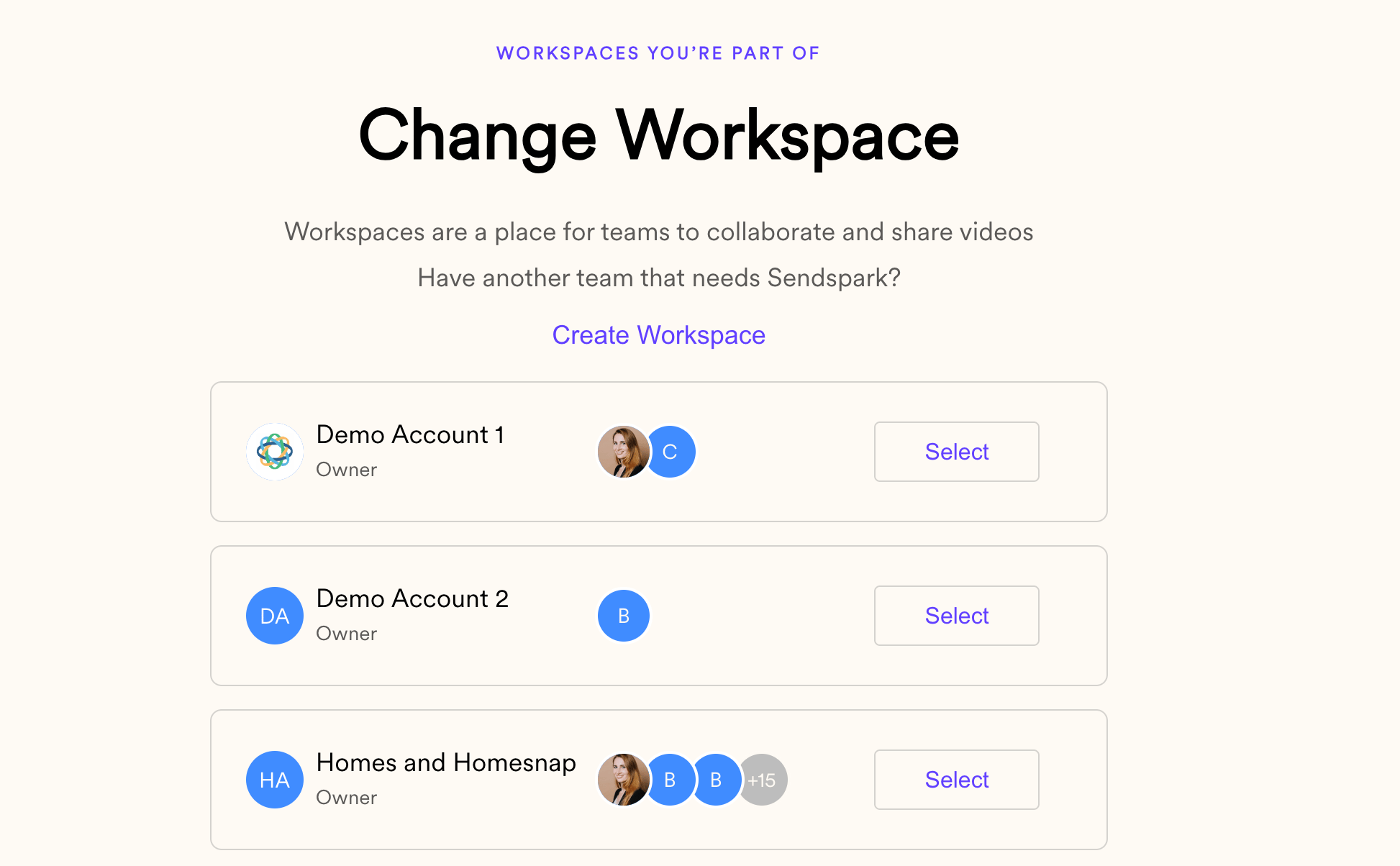 Sendspark workspace selection panel displaying list of available workspaces