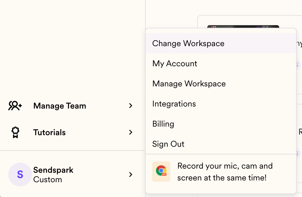 Sendspark bottom left menu with Change Workspace option highlighted