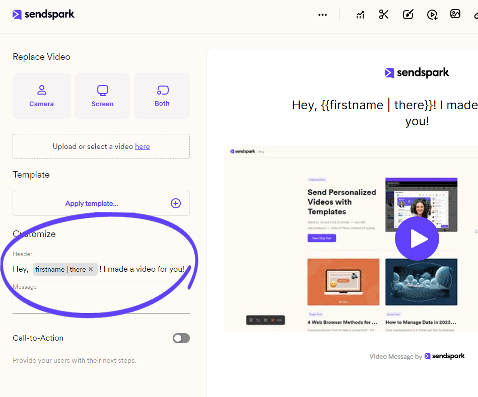 Sendspark video edit page with the Header field circled for personalization
