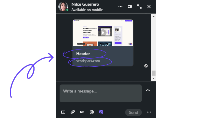 LinkedIn message with video preview, Header text and sendspark.com domain circled