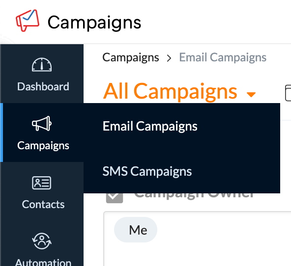 Zoho email campaign creation form with campaign name and subject fields