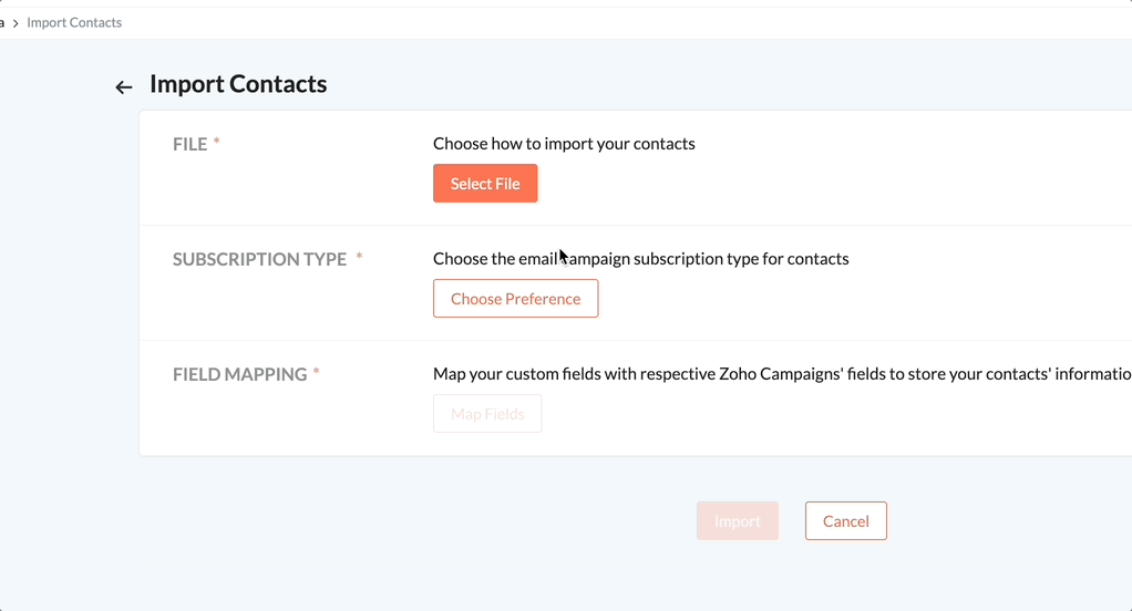 CSV file upload interface in Zoho with file selection dialog