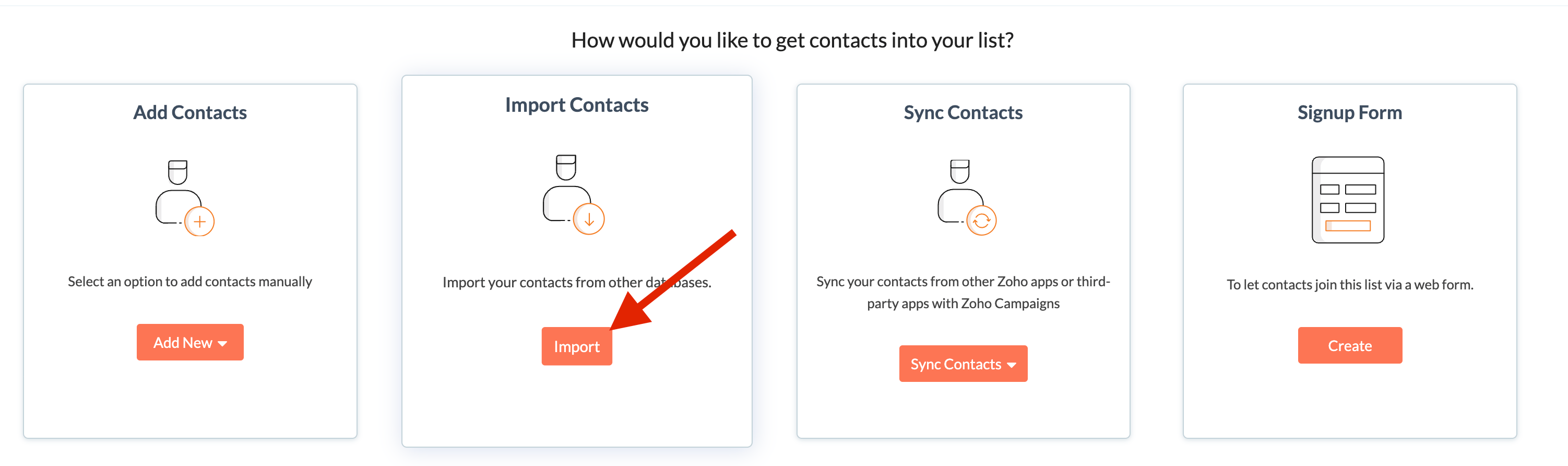 Zoho Import Contacts button in list management interface