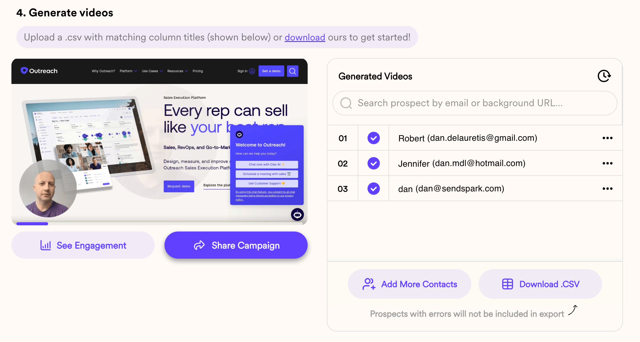 Sendspark dynamic video campaign dashboard showing processed videos list