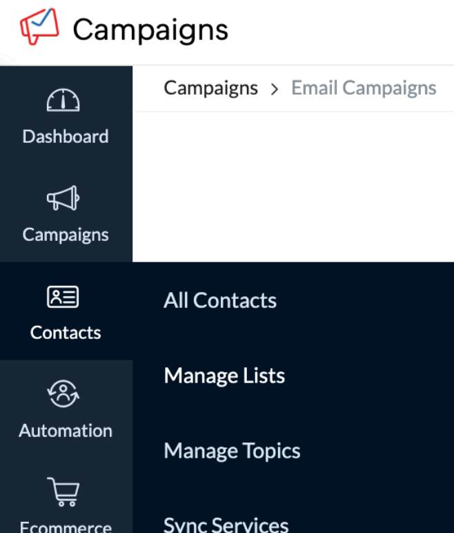 Zoho Contacts page with Manage Lists option visible in navigation