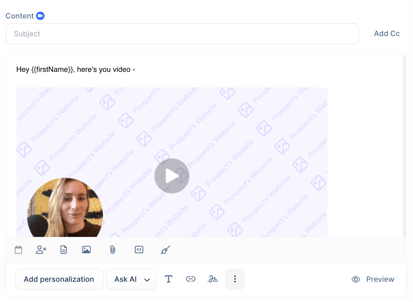 Lemlist email preview displaying dynamic video embedded in message
