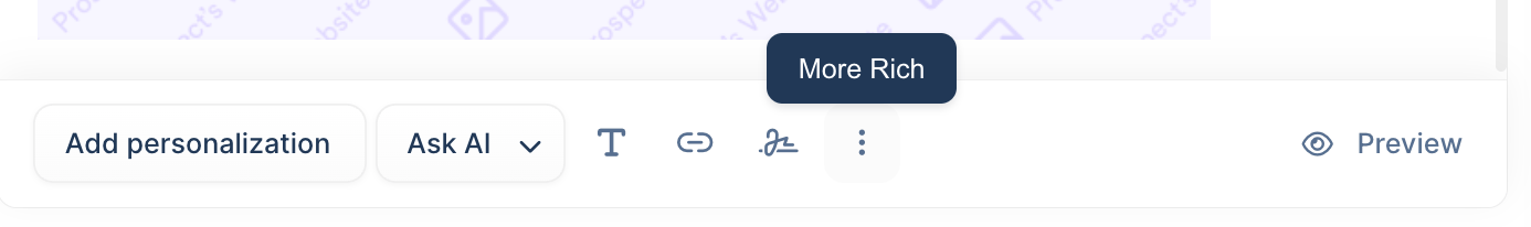 Lemlist editor bottom toolbar showing three dots More Rich options menu