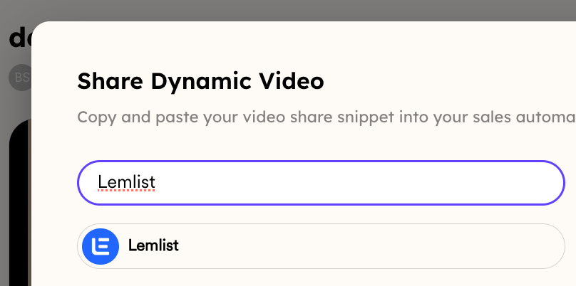 Sendspark integration options menu with Lemlist option visible