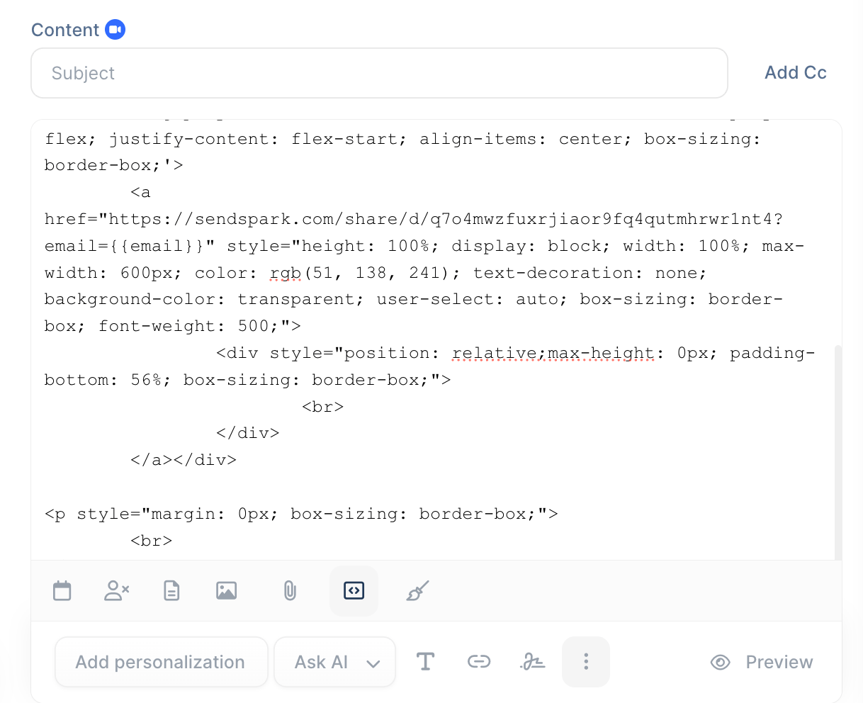 Sendspark video snippet pasted into Lemlist code editor