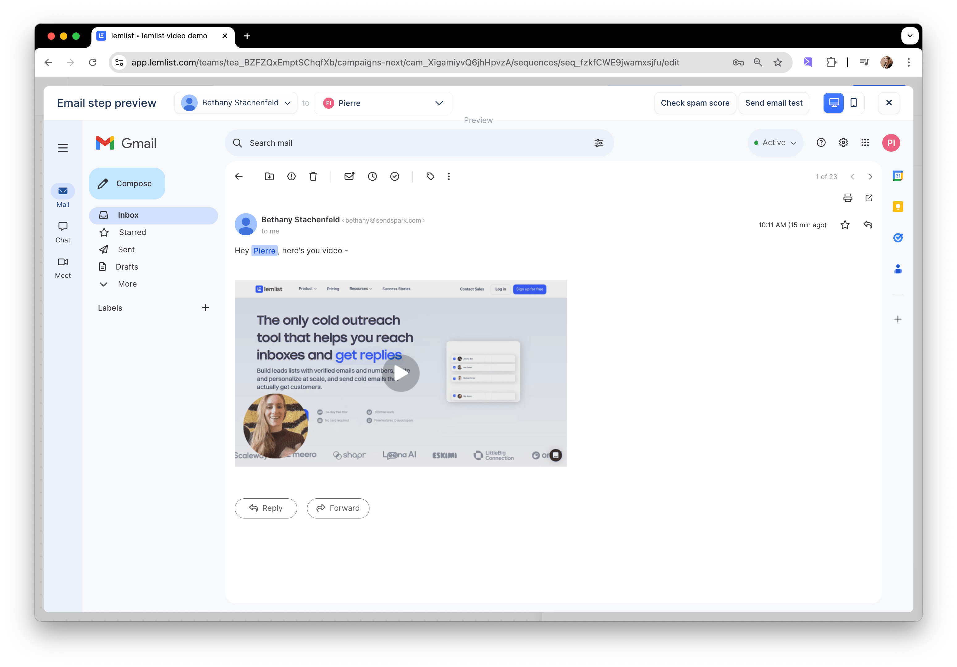 Lemlist email preview showing personalized AI video loaded for contact