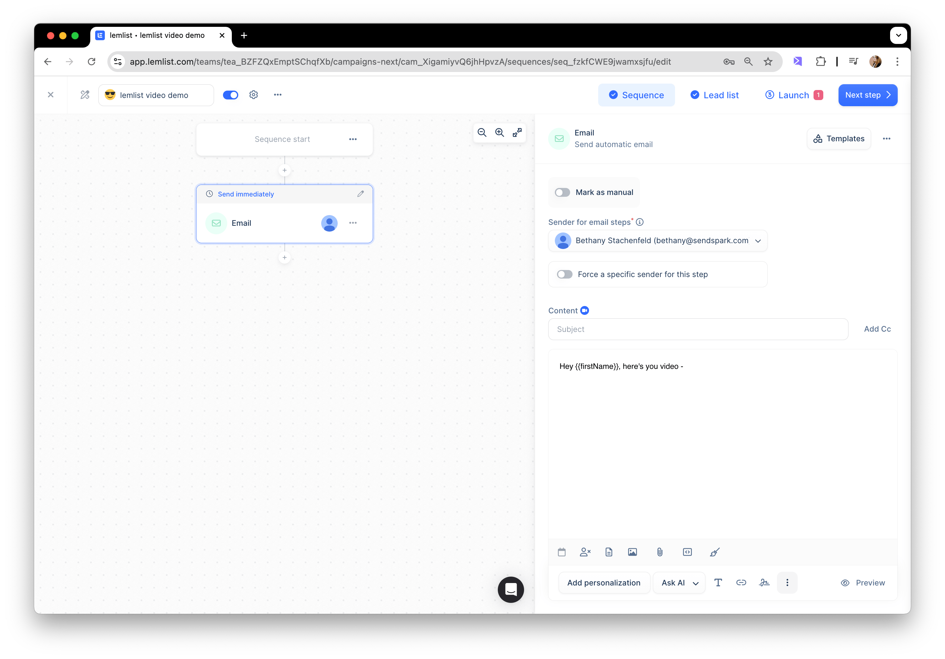 Lemlist email campaign editor interface with compose area