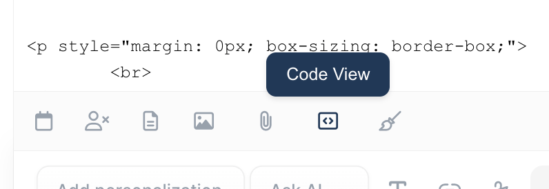 Lemlist editor showing exit from Code View back to visual editor