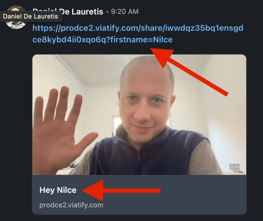 Video link and parameters display showing firstname variable for personalized video sharing