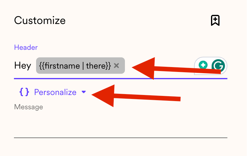 Sendspark video editor showing Header field with firstname merge tag added for personalization