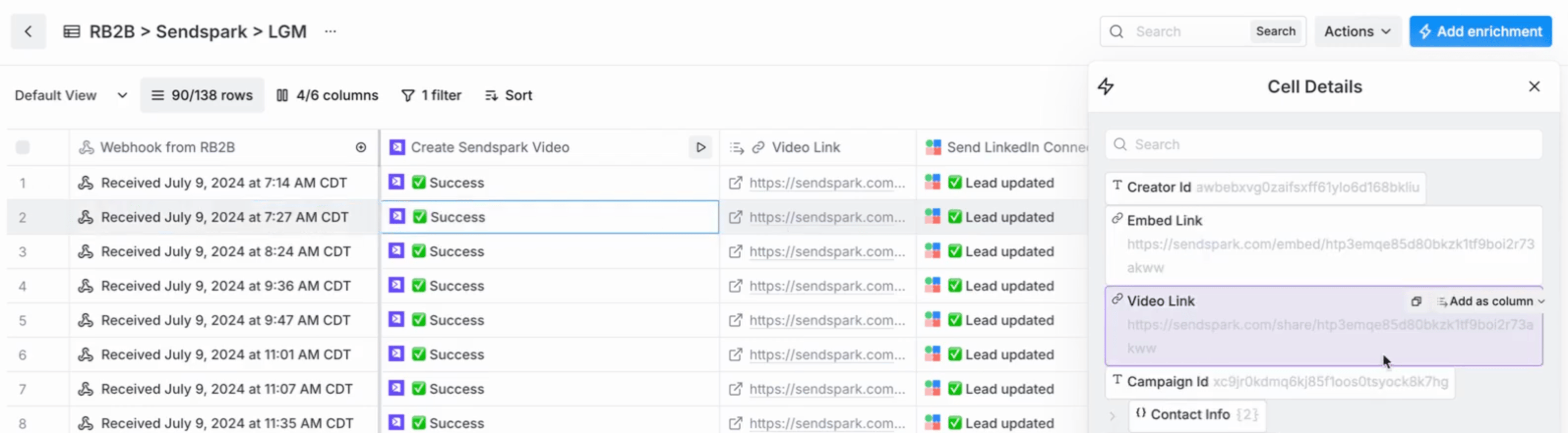 Clay table displaying video generation status with success checkmark and Video Link column