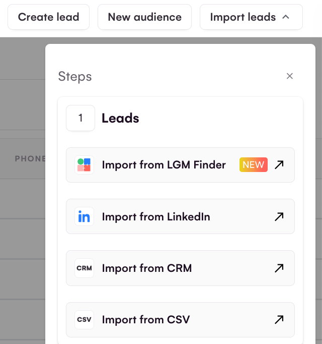 The LaGrowthMachine import menu, with Import from CSV among its options