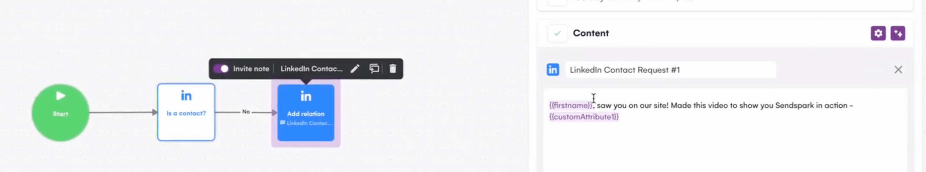 LaGrowthMachine workflow editor with Custom Attribute 1 placeholder in message template