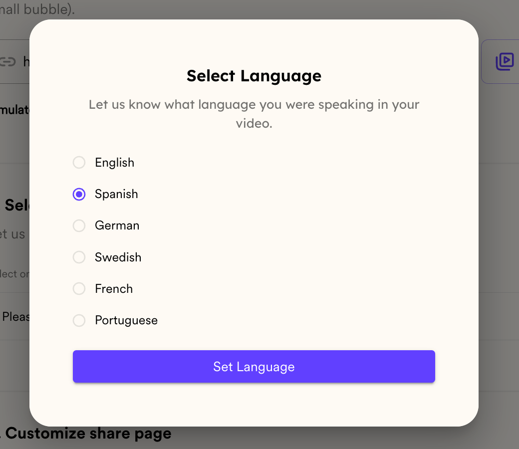 Language selection dropdown menu with Spanish option highlighted