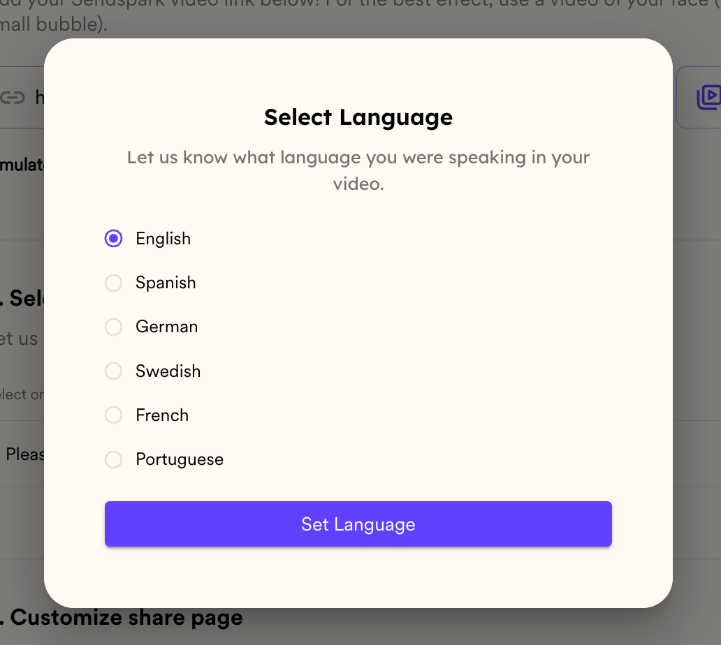 Language selection dropdown menu with English option highlighted