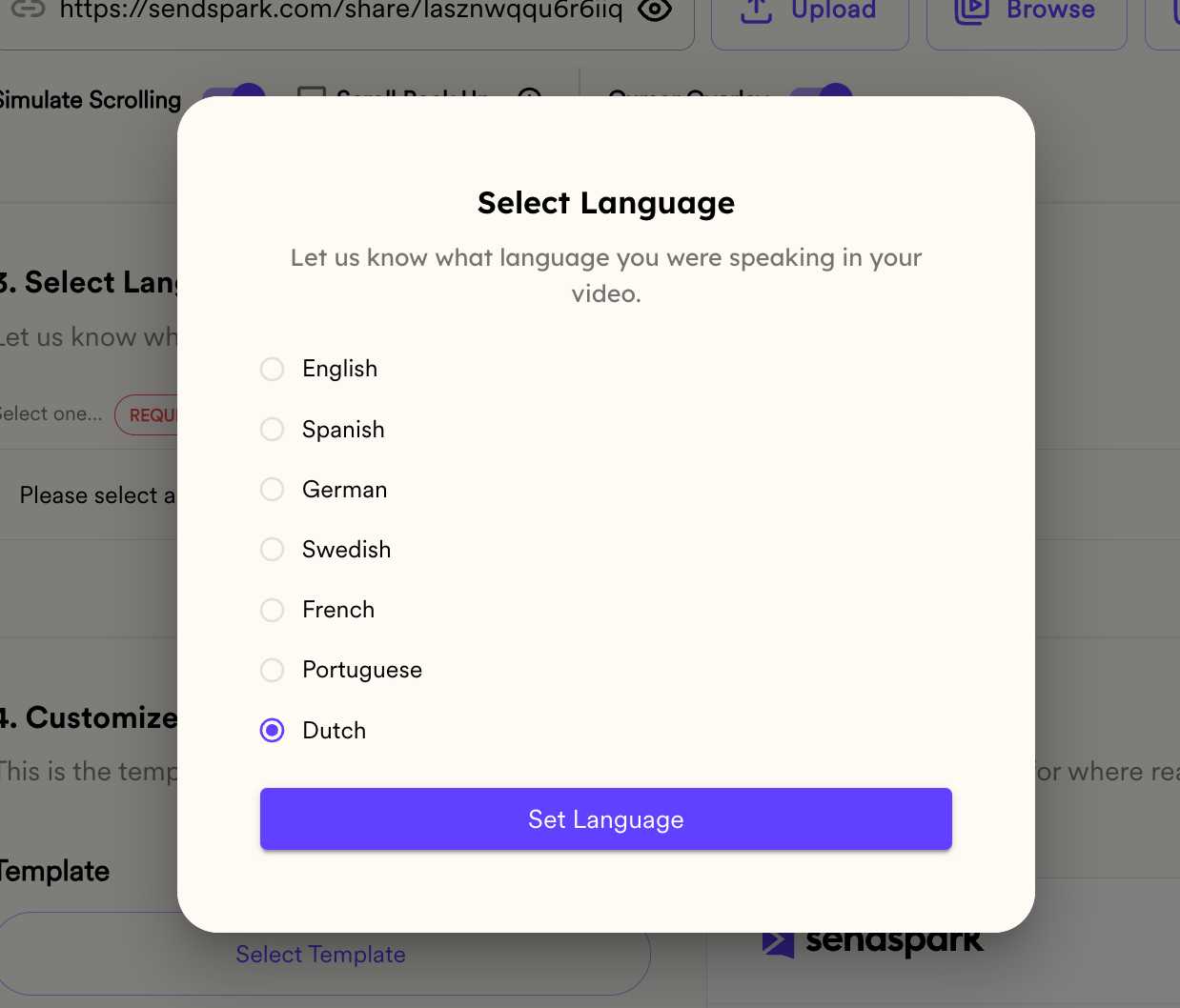 Language selection dropdown menu with Dutch option highlighted
