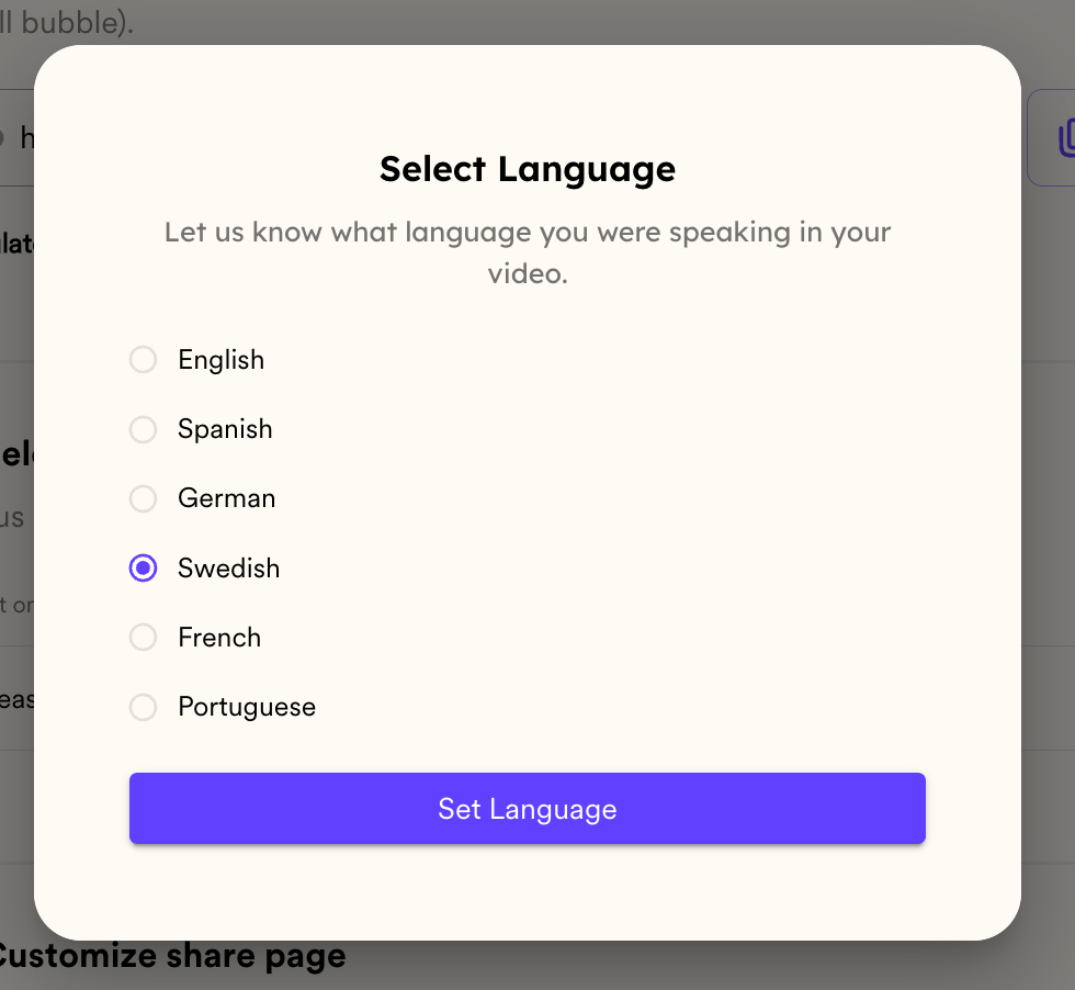Language selection dropdown menu with Portuguese option highlighted