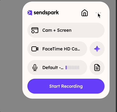 Sendspark extension with cursor on the Settings icon to toggle countdown