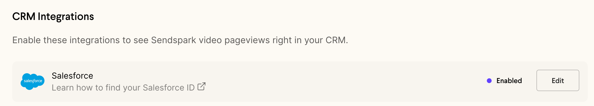 Sendspark integrations tab showing Salesforce integration enabled with checkmark