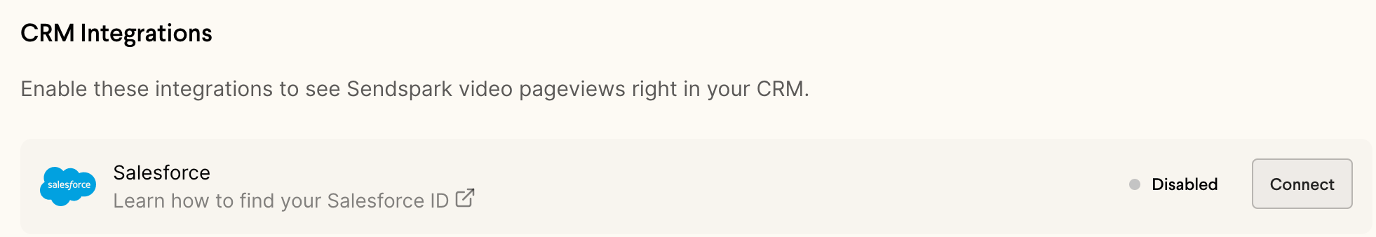 Sendspark integrations tab with Connect button next to Salesforce