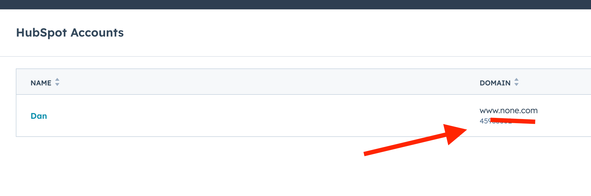 Hubspot account settings showing Hub ID number below account name