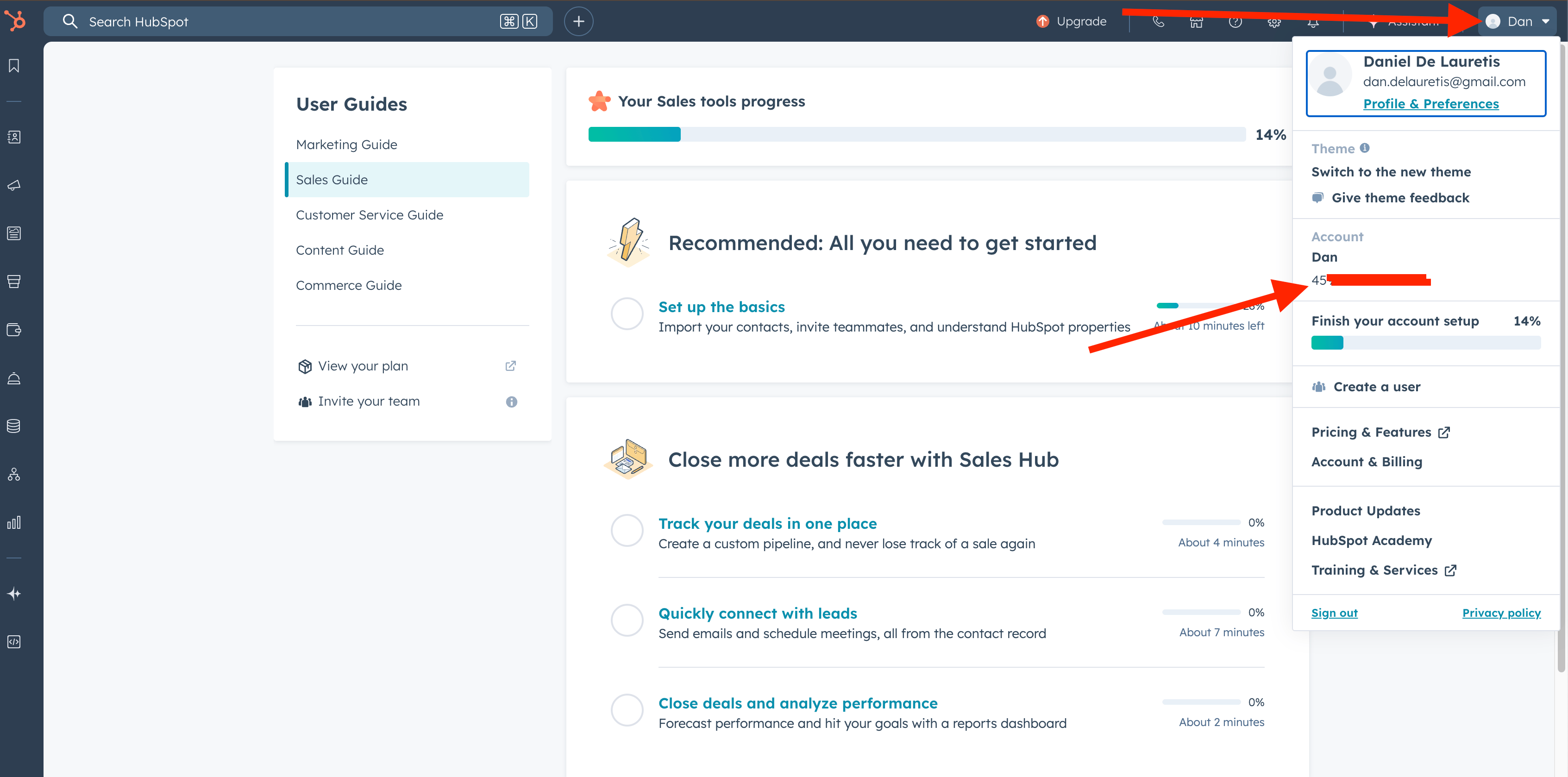 Hubspot top right menu with account options and Hub ID location