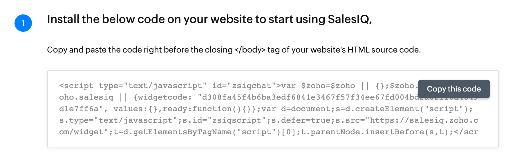 Zoho SalesIQ installation code block with widgetcode parameter highlighted