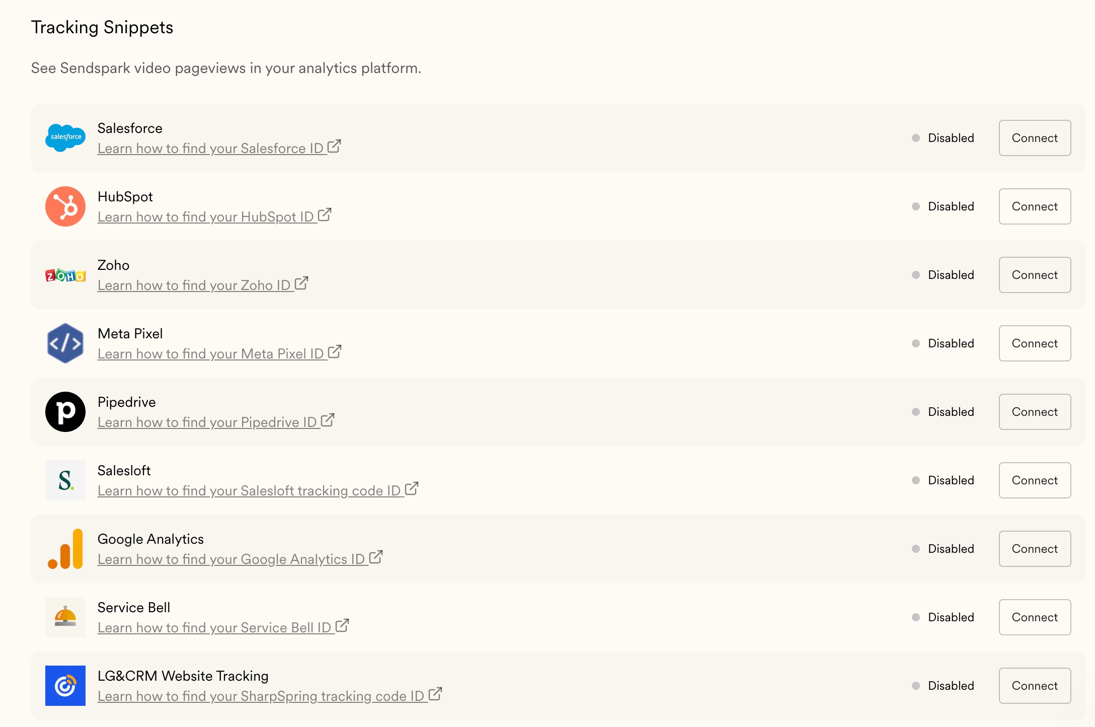 Sendspark Integrations page displaying list of supported CRM and tracking platforms