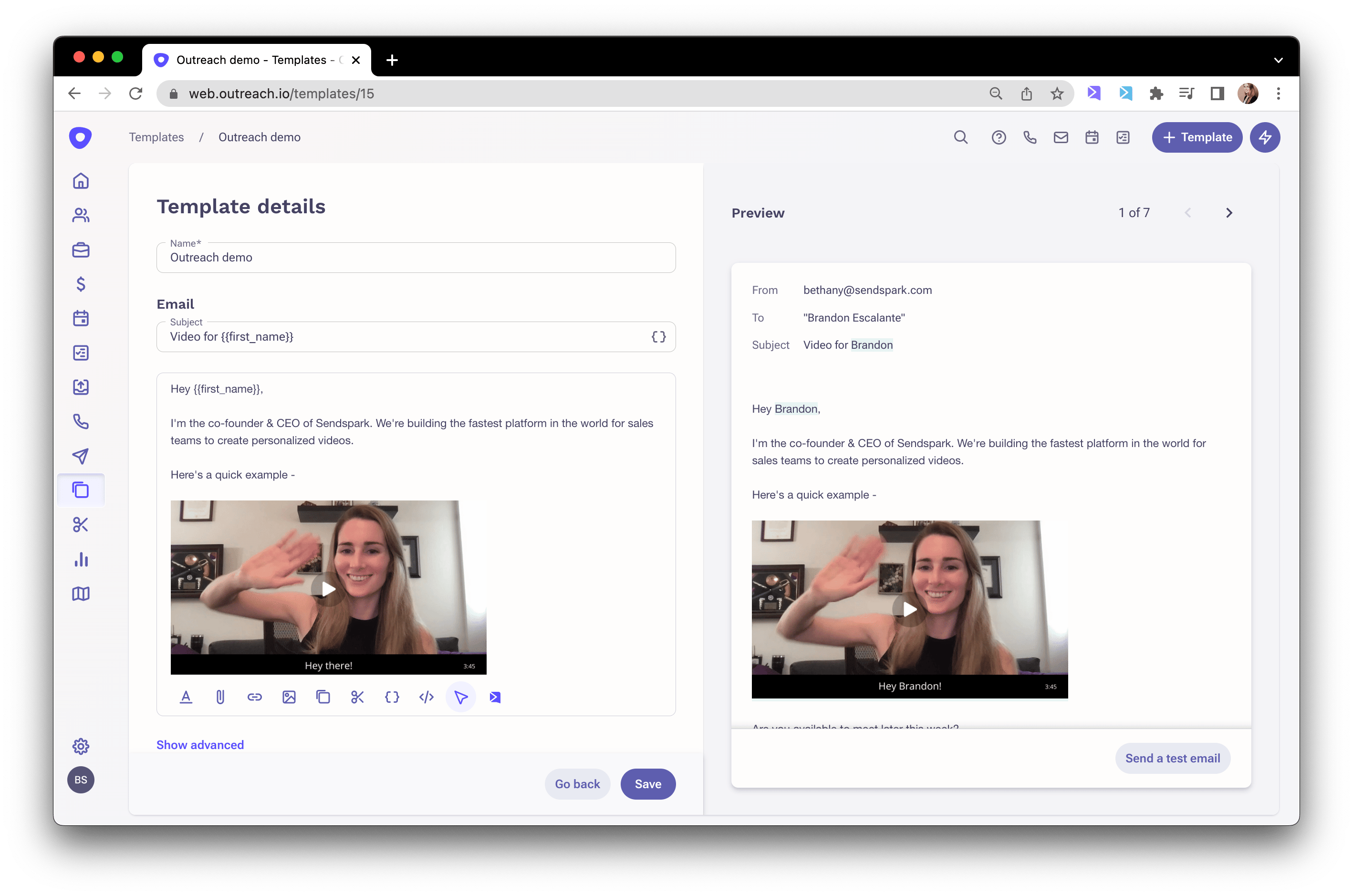 Outreach email template editor with personalized video snippet pasted into message body