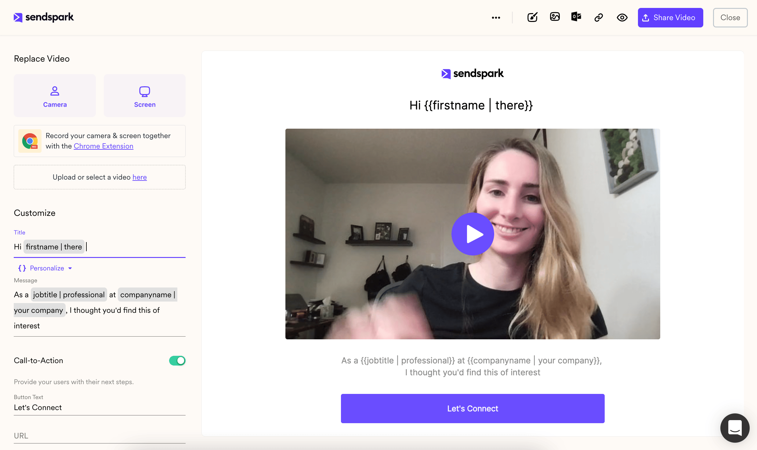 Sendspark video editor with dynamic variable placeholders for name, company, and title