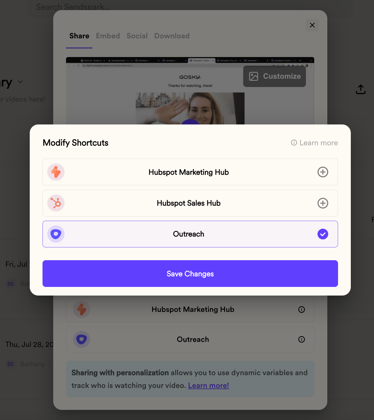 Share modal shortcuts list with plus and check icons for enabling or disabling