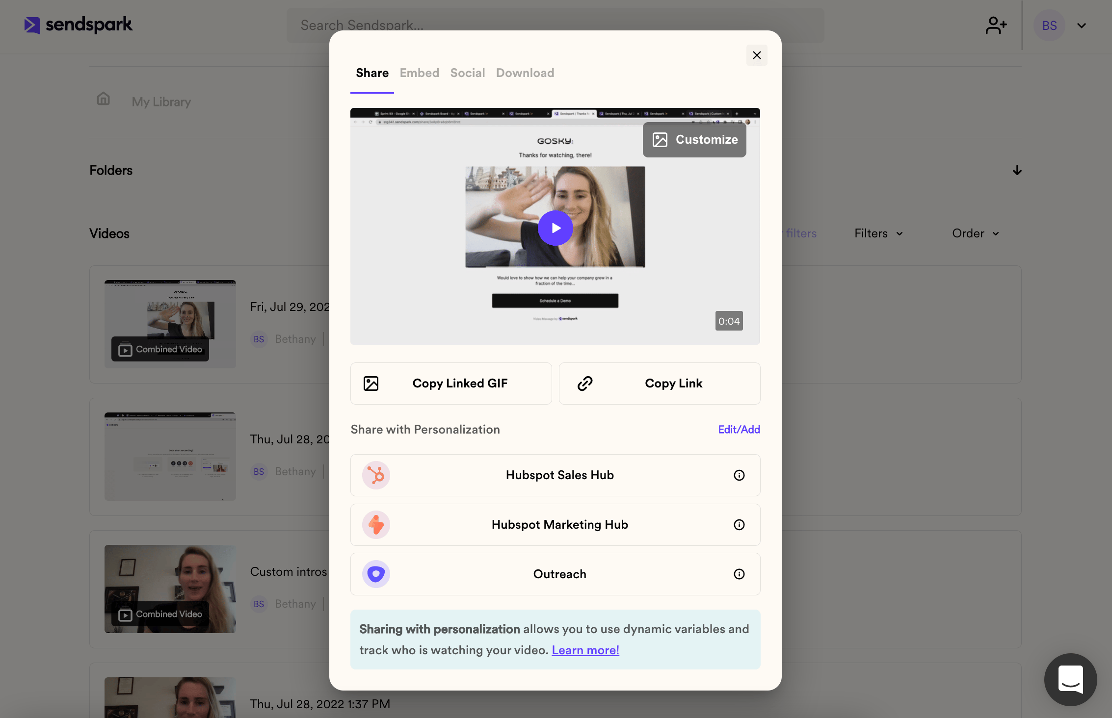 Sendspark share modal displaying email platform shortcuts for sharing videos