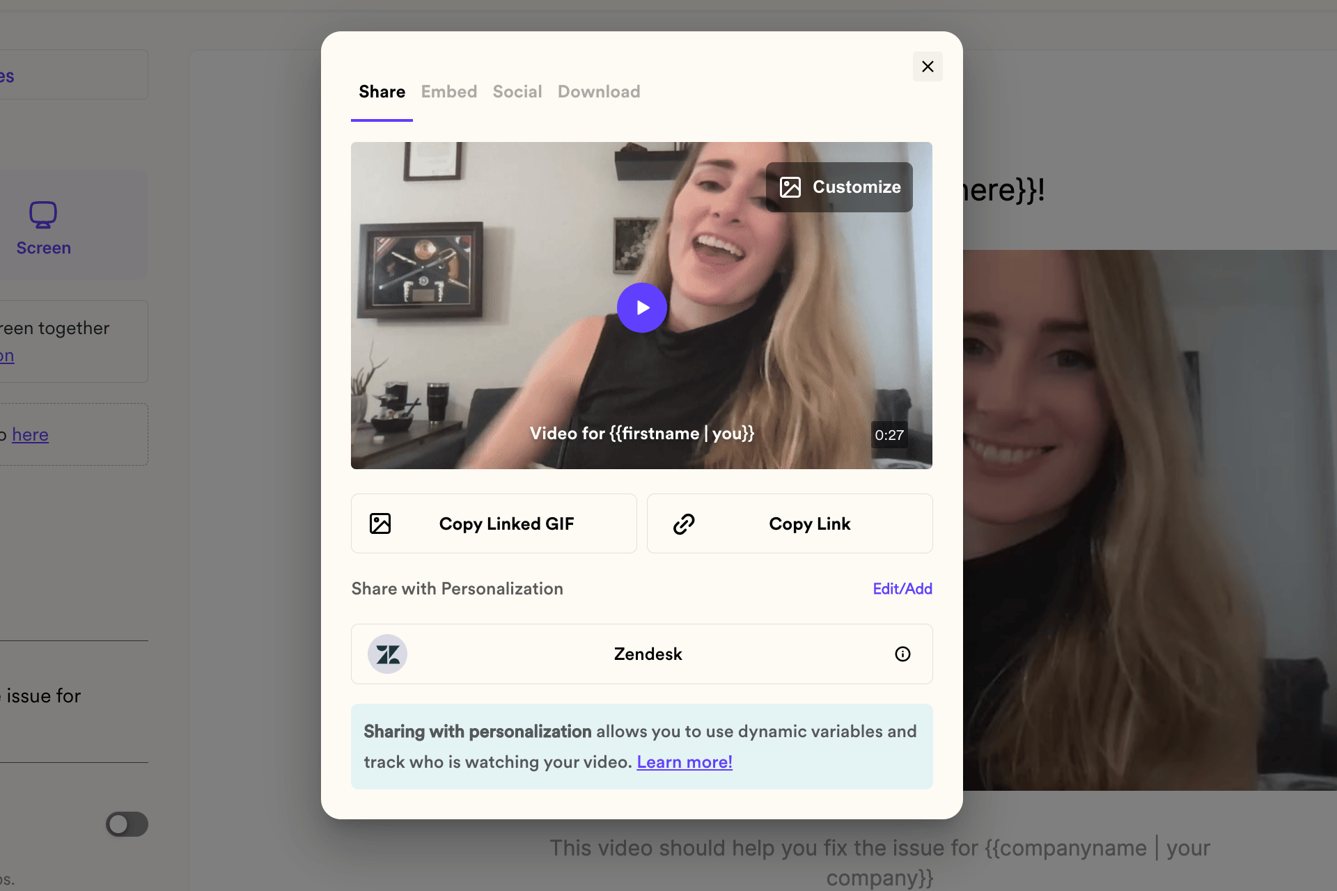 Sendspark Share Video modal with Zendesk option under Share with Personalization