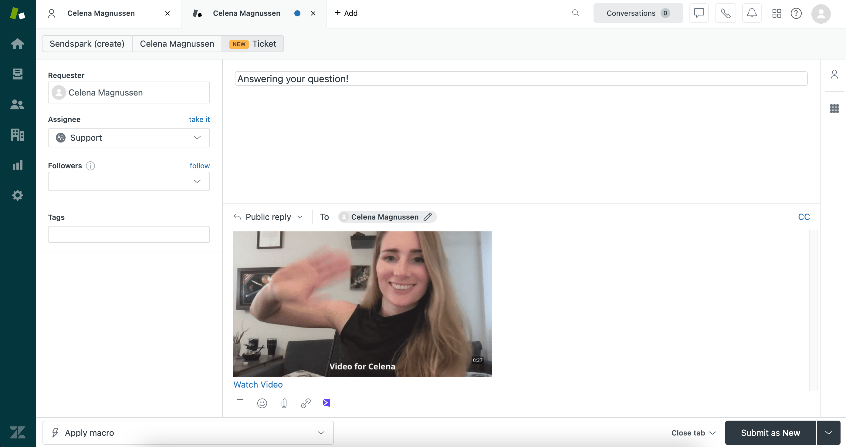 Zendesk ticket view showing applied Sendspark video macro with personalized tokens