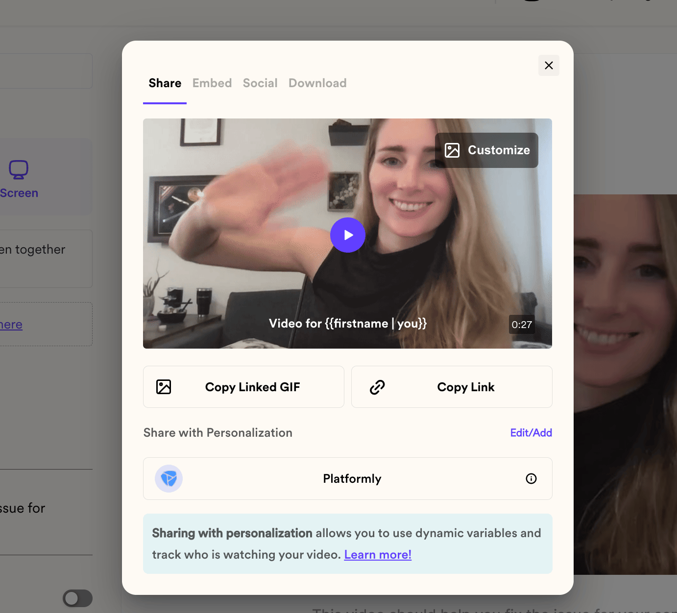 Share personalized videos in Platformly