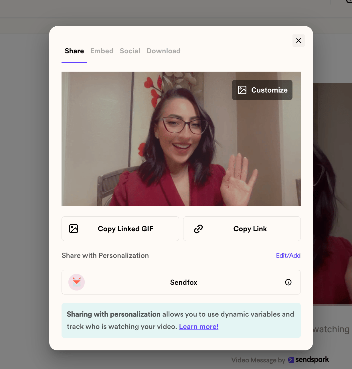 Copy personalized video in Sendspark